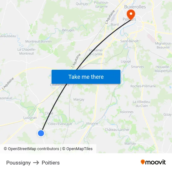 Poussigny to Poitiers map
