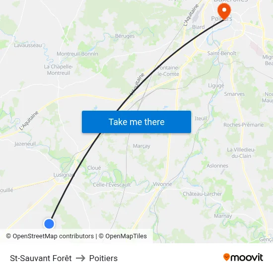 St-Sauvant Forêt to Poitiers map