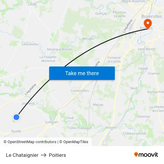 Le Chataignier to Poitiers map