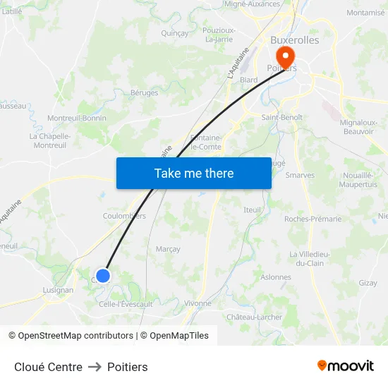 Cloué Centre to Poitiers map