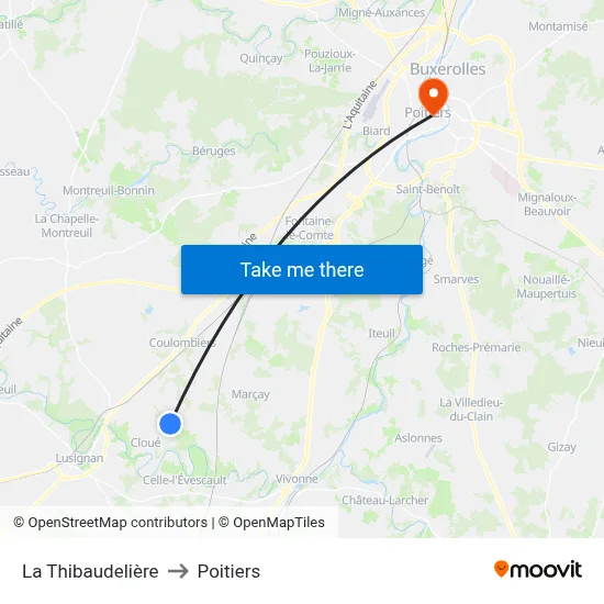 La Thibaudelière to Poitiers map