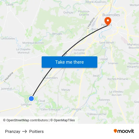 Pranzay to Poitiers map