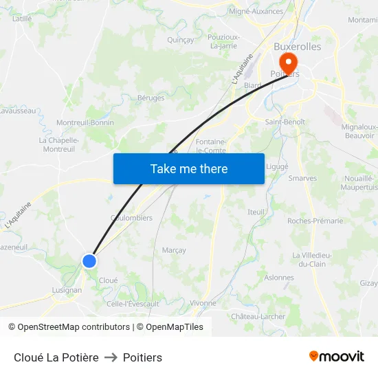 Cloué La Potière to Poitiers map