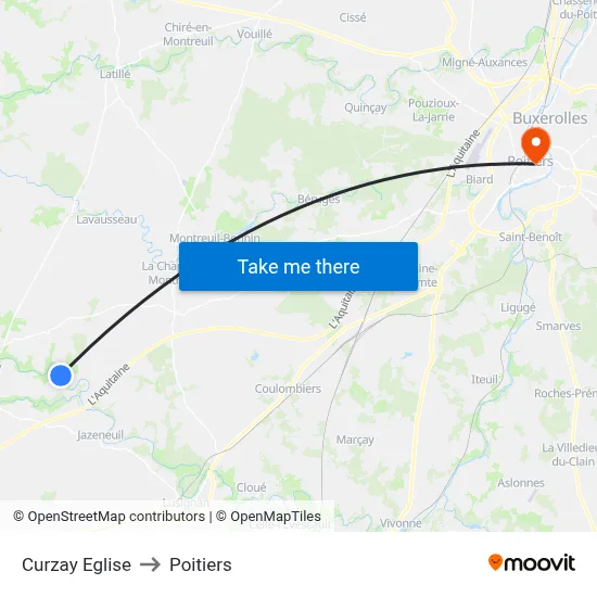 Curzay Eglise to Poitiers map