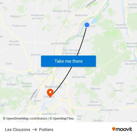 Les Clouzons to Poitiers map