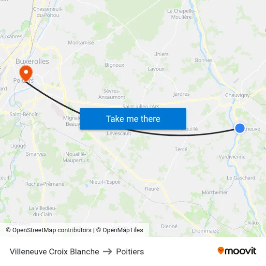 Villeneuve Croix Blanche to Poitiers map