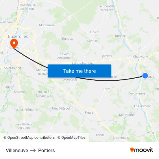 Villeneuve to Poitiers map