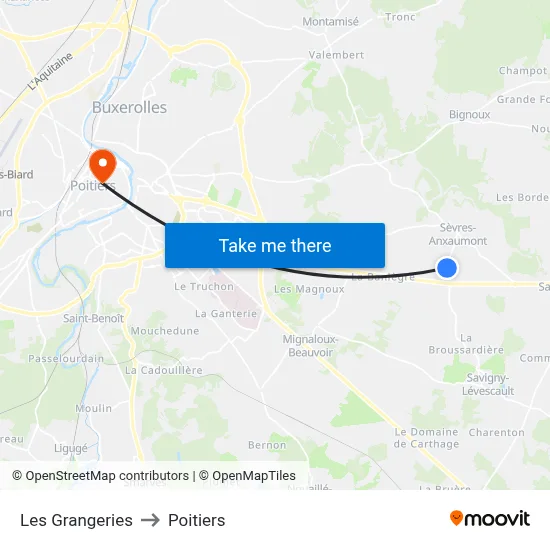 Les Grangeries to Poitiers map