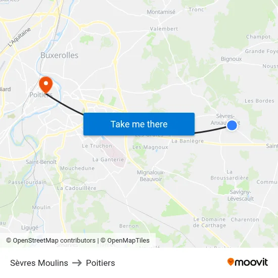 Sèvres Moulins to Poitiers map
