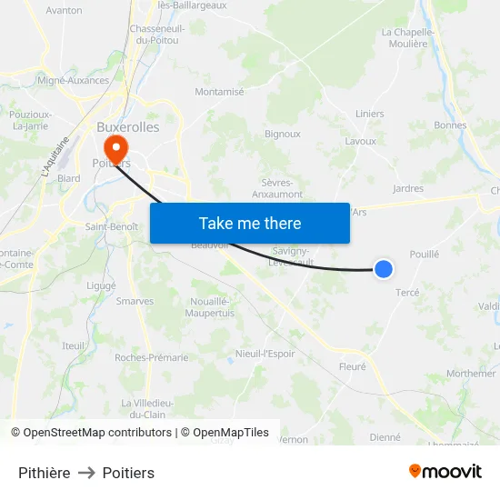 Pithière to Poitiers map