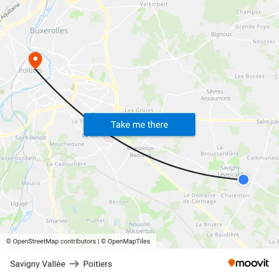 Savigny Vallée to Poitiers map