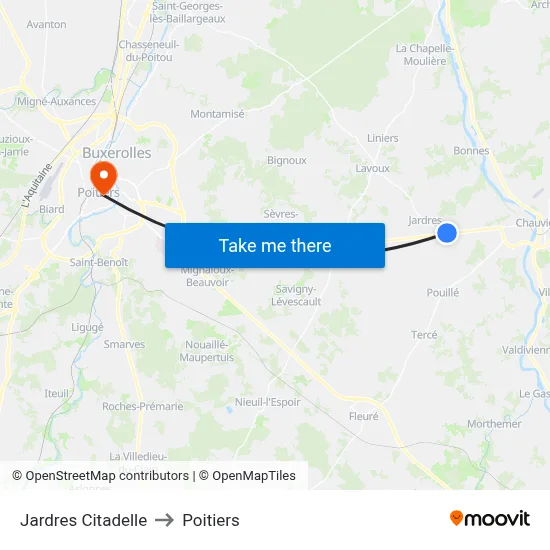 Jardres Citadelle to Poitiers map