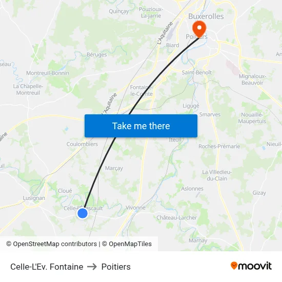 Celle-L'Ev. Fontaine to Poitiers map