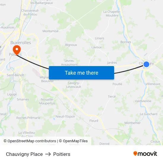 Chauvigny Place to Poitiers map