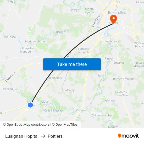 Lusignan Hopital to Poitiers map