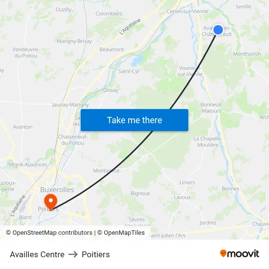 Availles Centre to Poitiers map