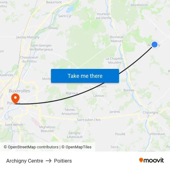 Archigny Centre to Poitiers map