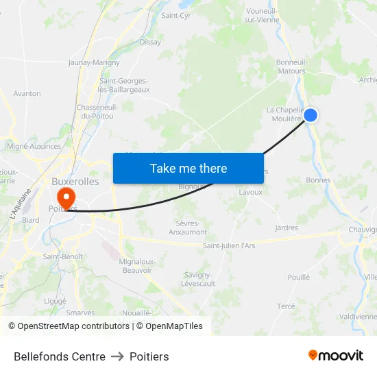 Bellefonds Centre to Poitiers map