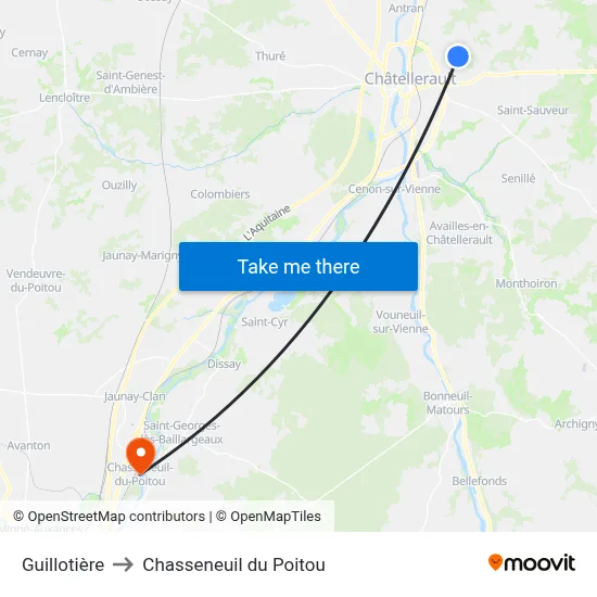 Guillotière to Chasseneuil du Poitou map