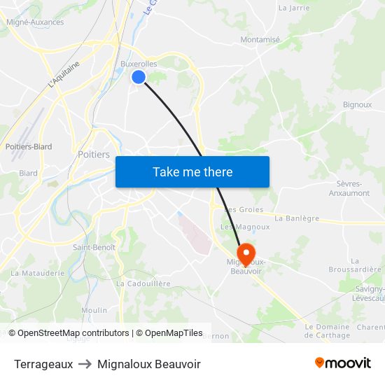 Terrageaux to Mignaloux Beauvoir map