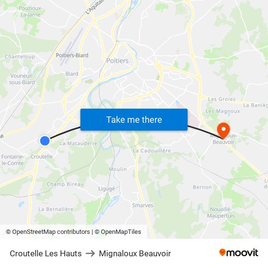 Croutelle Les Hauts to Mignaloux Beauvoir map