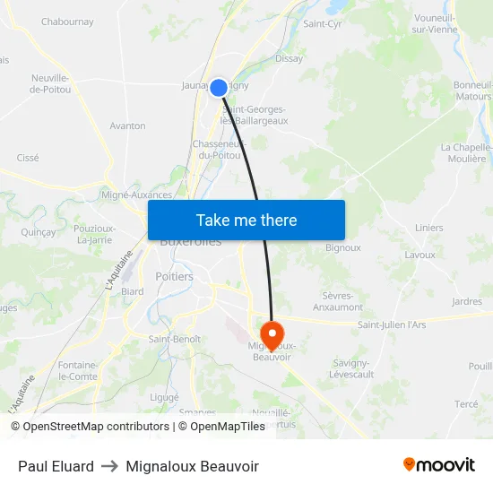 Paul Eluard to Mignaloux Beauvoir map
