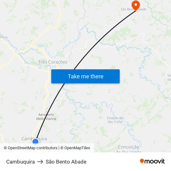 Cambuquira to São Bento Abade map