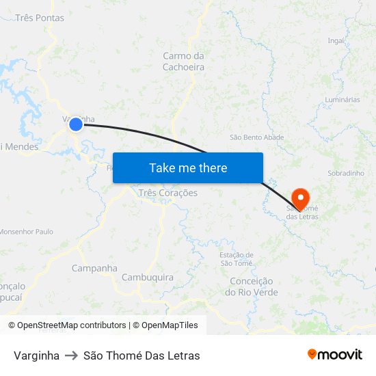 Varginha to São Thomé Das Letras map