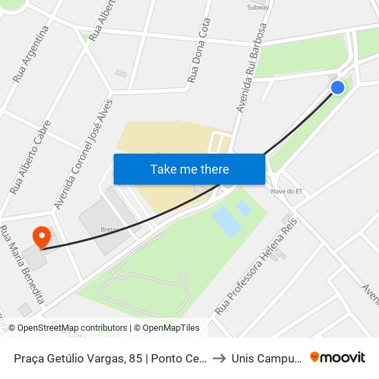 Praça Getúlio Vargas, 85 | Ponto Central to Unis Campus 1 map