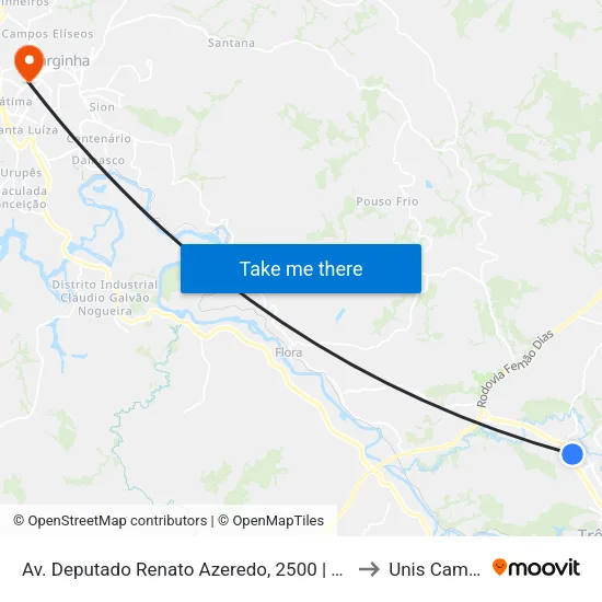 Av. Deputado Renato Azeredo, 2500 | Hotel Medieval to Unis Campus 1 map