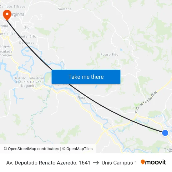 Av. Deputado Renato Azeredo, 1641 to Unis Campus 1 map