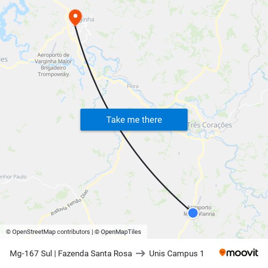 Mg-167 Sul | Fazenda Santa Rosa to Unis Campus 1 map