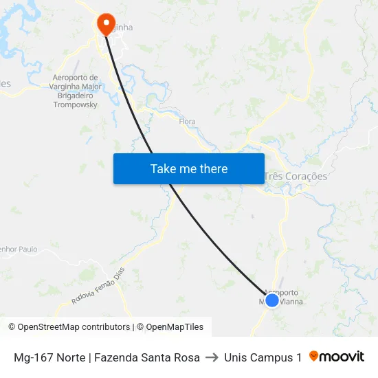 Mg-167 Norte | Fazenda Santa Rosa to Unis Campus 1 map