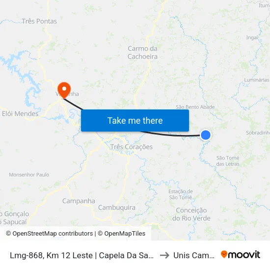 Lmg-868, Km 12 Leste | Capela Da Sagrada Família to Unis Campus 1 map