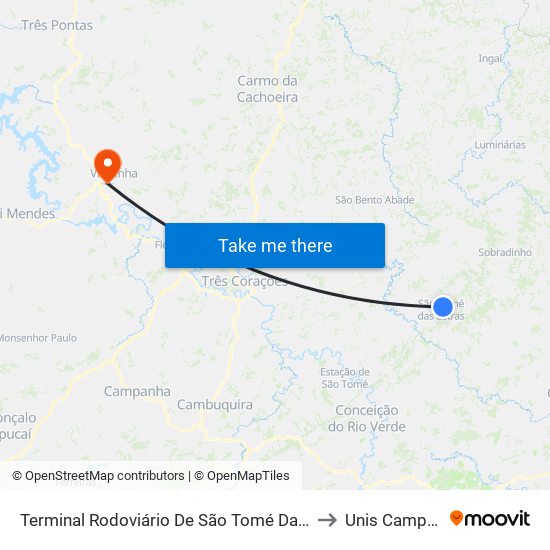 Terminal Rodoviário De São Tomé Das Letras to Unis Campus 1 map