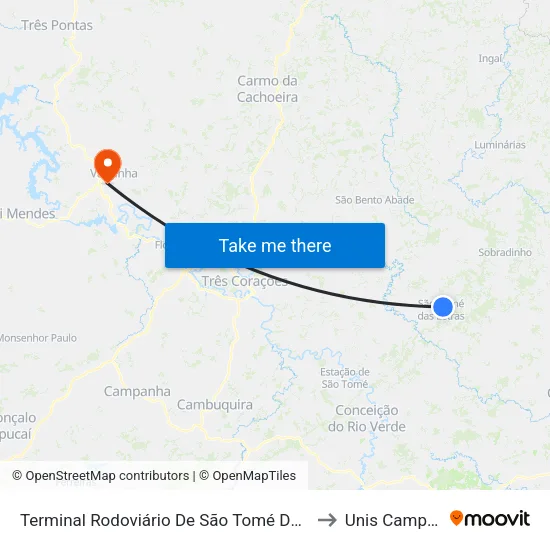 Terminal Rodoviário De São Tomé Das Letras to Unis Campus 1 map