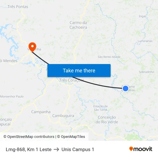 Lmg-868, Km 1 Leste to Unis Campus 1 map