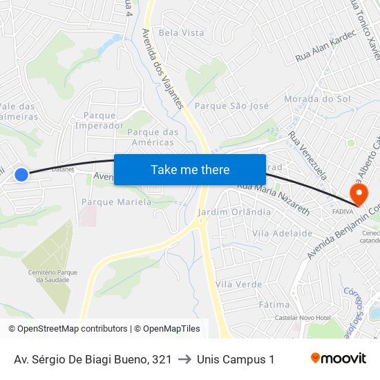 Av. Sérgio De Biagi Bueno, 321 to Unis Campus 1 map