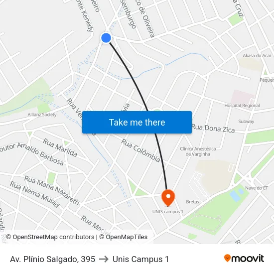 Av. Plínio Salgado, 395 to Unis Campus 1 map