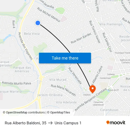 Rua Alberto Baldoni, 35 to Unis Campus 1 map