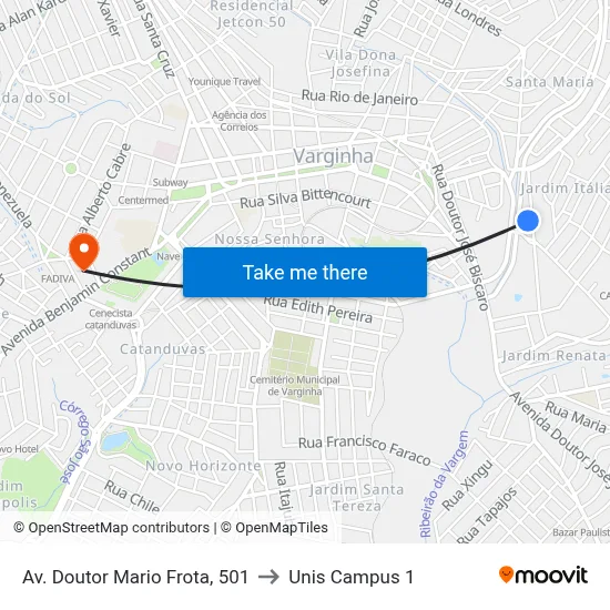 Av. Doutor Mario Frota, 501 to Unis Campus 1 map