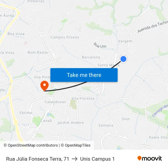 Rua Júlia Fonseca Terra, 71 to Unis Campus 1 map