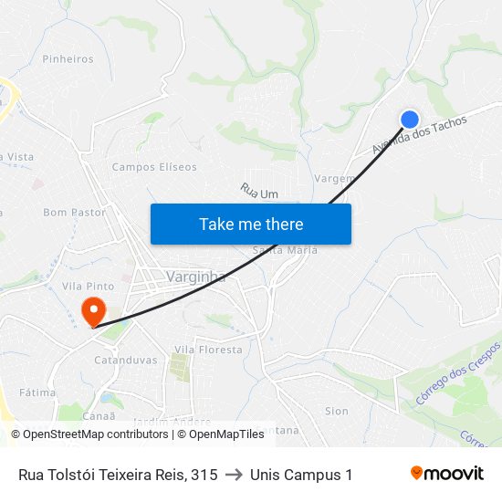 Rua Tolstói Teixeira Reis, 315 to Unis Campus 1 map