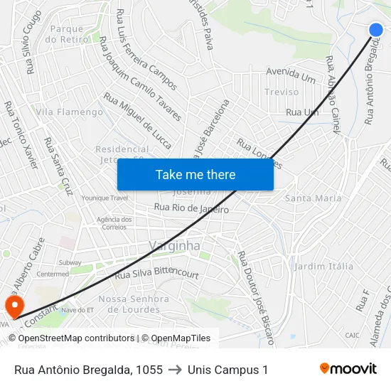 Rua Antônio Bregalda, 1055 to Unis Campus 1 map