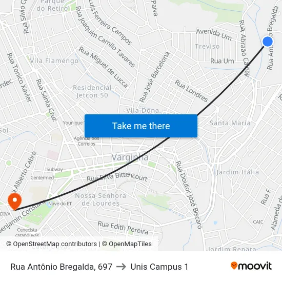Rua Antônio Bregalda, 697 to Unis Campus 1 map
