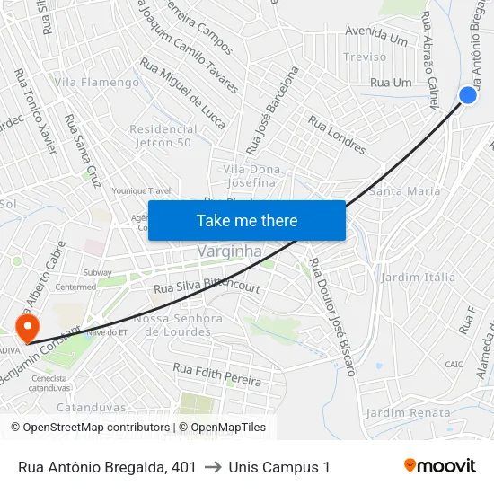 Rua Antônio Bregalda, 401 to Unis Campus 1 map