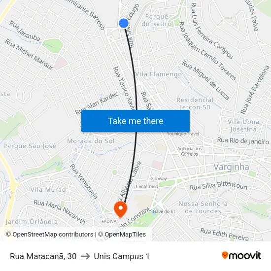Rua Maracanã, 30 to Unis Campus 1 map