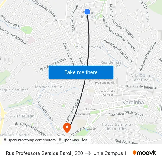 Rua Professora Geralda Baroli, 220 to Unis Campus 1 map