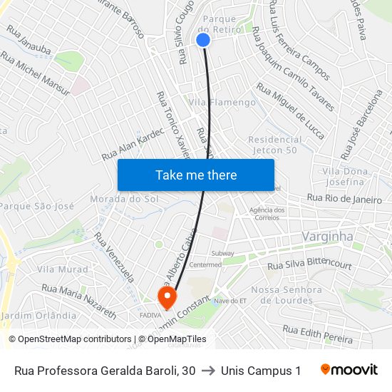 Rua Professora Geralda Baroli, 30 to Unis Campus 1 map