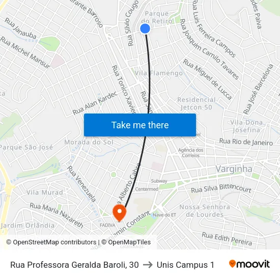 Rua Professora Geralda Baroli, 30 to Unis Campus 1 map